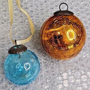 Crackle Glass Pair Christmas Ornaments 2pcs Blue And Gold
